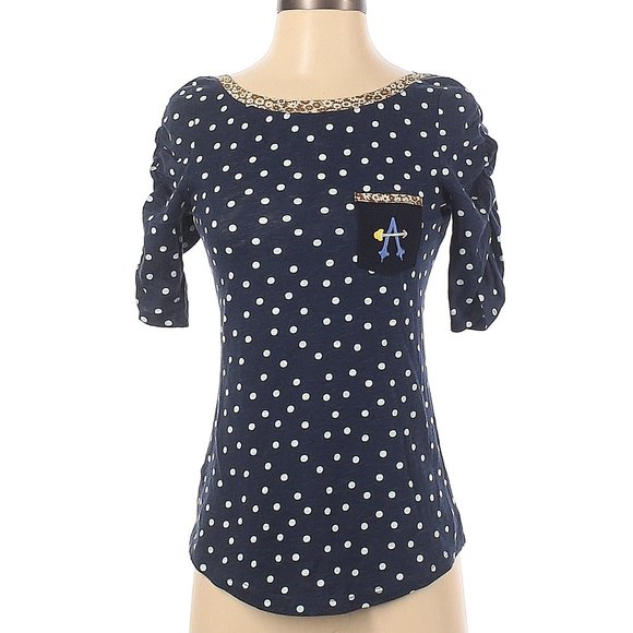 Anthropologie Postmark Letter A Navy Cotton Ruched Polka Dot Tee XS NWOT - Picture 1 of 3